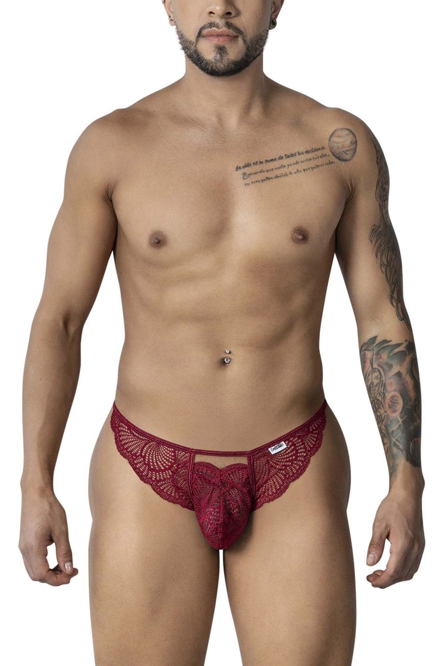 Burgundy lace thong candy man 99910 featuring a red lace design with a central bow detail