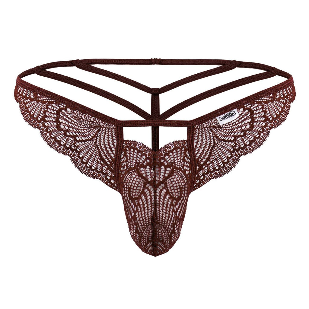Brown lace thong with intricate pattern and three-strapped back design in burgundy from Candyman 99910 lace thongs collection