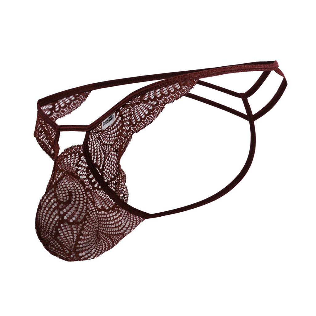 CandyMan 99910 lace thong in dark burgundy with delicate intricate pattern and supportive elastic straps