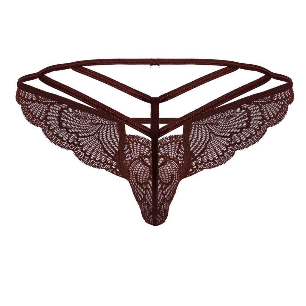CandyMan 99910 lace thong in burgundy featuring dark brown intricate butterfly wing patterns and a triangular strappy design