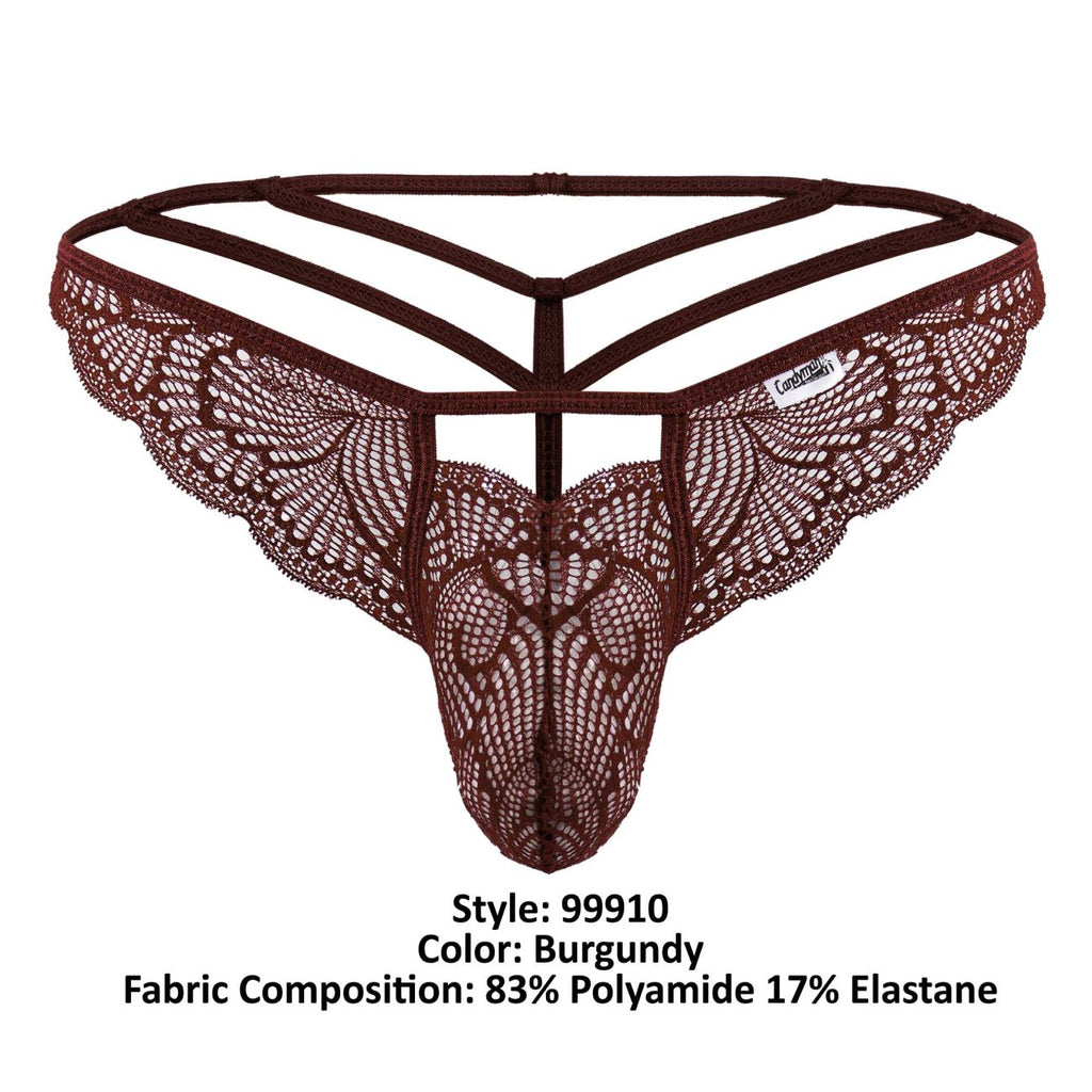 Burgundy CandyMan 99910 lace thong with intricate butterfly pattern and supportive multi-strapped backband shown from back