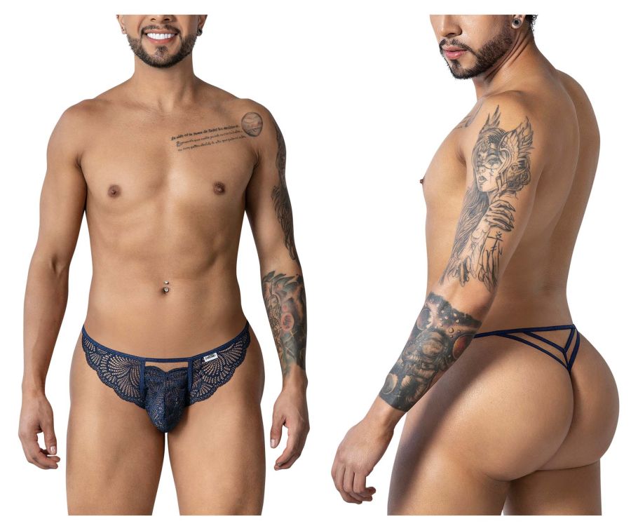 Navy blue lace thong by CandyMan with intricate floral patterns and a supportive contoured design