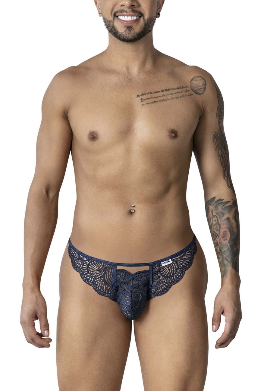 Navy blue lace thong by candyman with intricate floral patterns and brand tag on the waistband front view