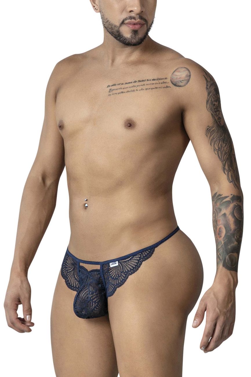 Navy blue CandyMan 99910 lace thong with intricate floral pattern and central pouch design for stylish comfort