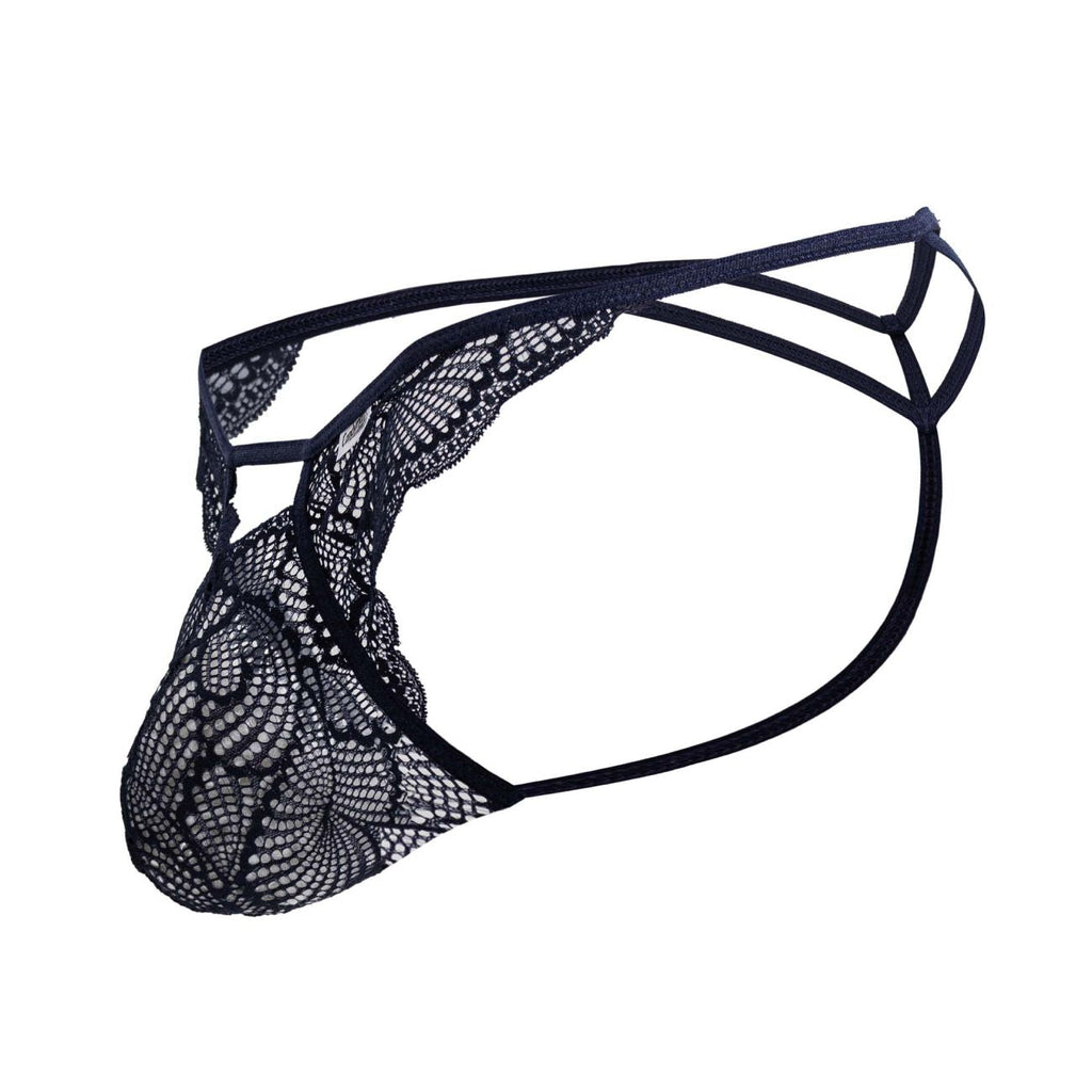 Navy Candyman 99910 lace thong with intricate floral patterns and supportive multi-strapped design front view