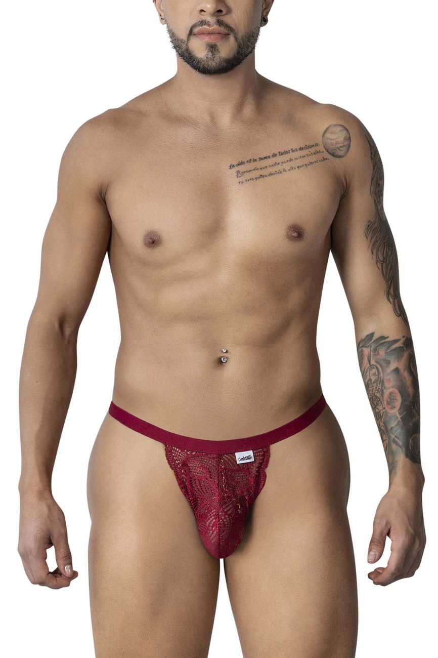 Burgundy candyMan 99915 lace thong with red lace, solid waistband, and small white brand tag visible