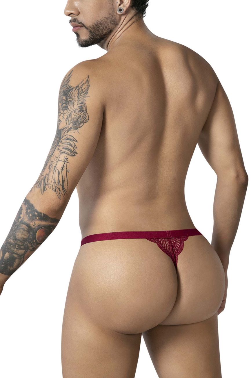 A CandyMan 99915 lace thong in burgundy with a delicate intricate pattern and a narrow waistband