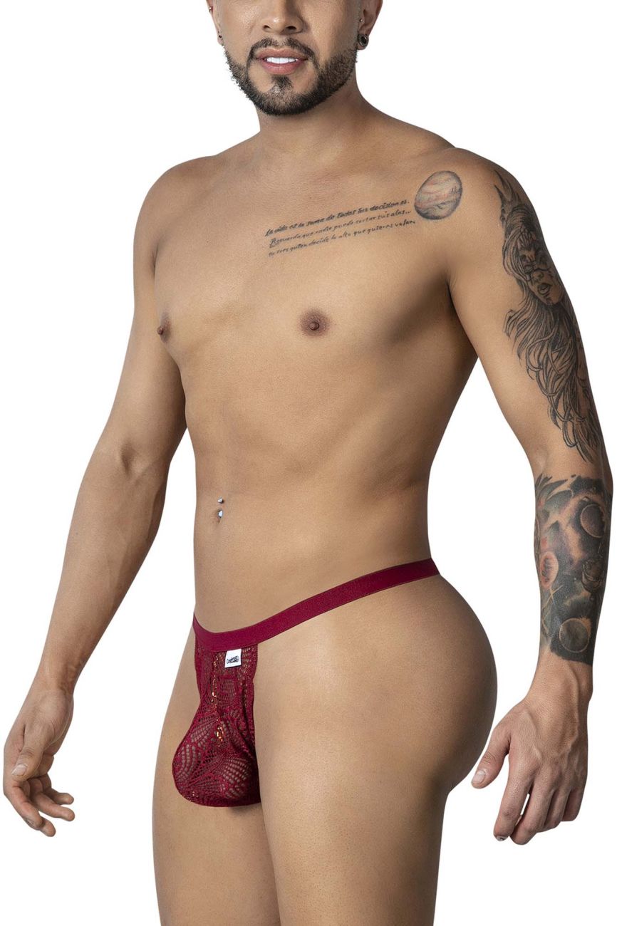 CandyMan 99915 lace thong in burgundy with textured patterned design and small white brand tag on waistband