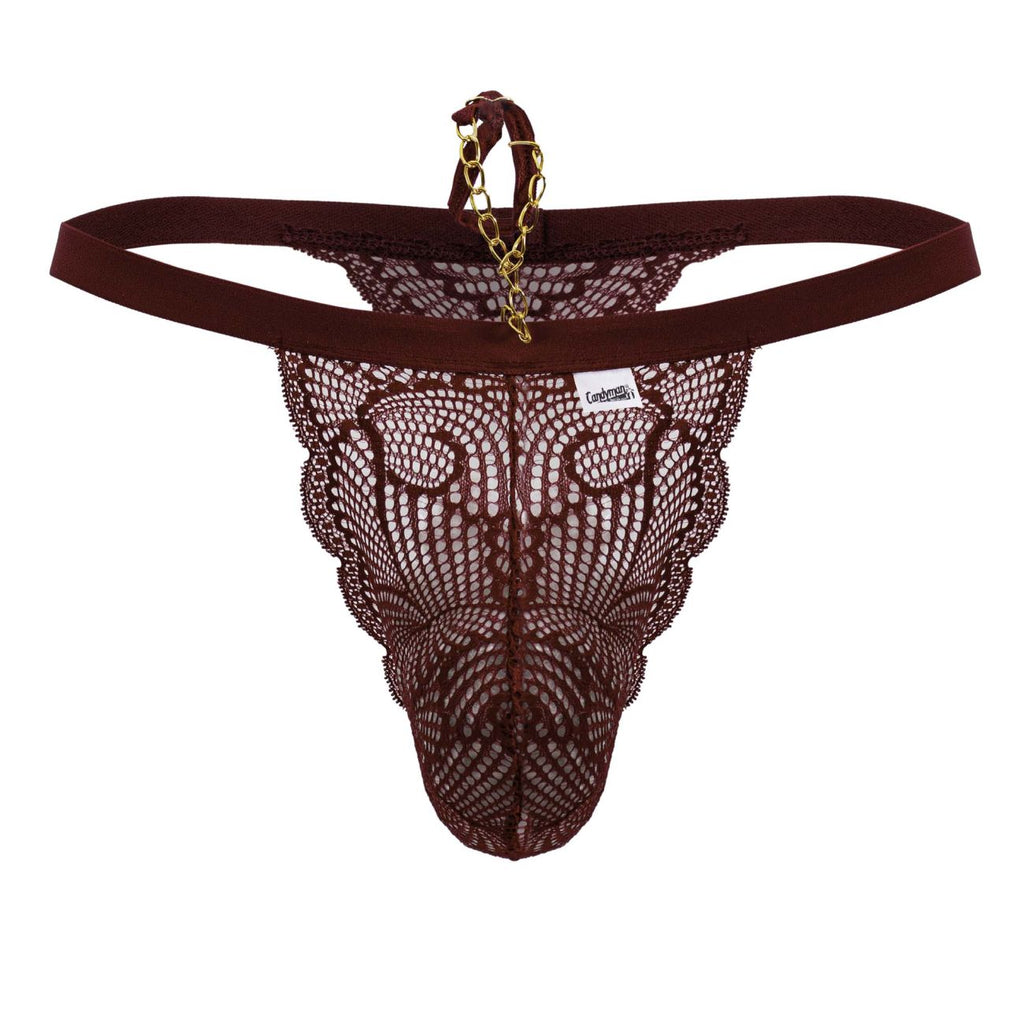 Back view of candyMan 99915 burgundy lace thong with gold chain detail made for stylish intimate wear