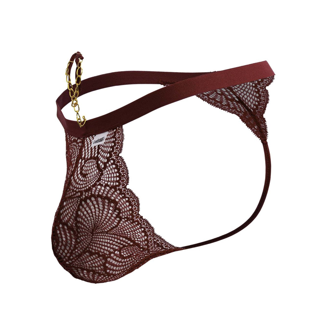 Back view of candyman 99915 lace thong in burgundy with gold chain detail and maroon lace material