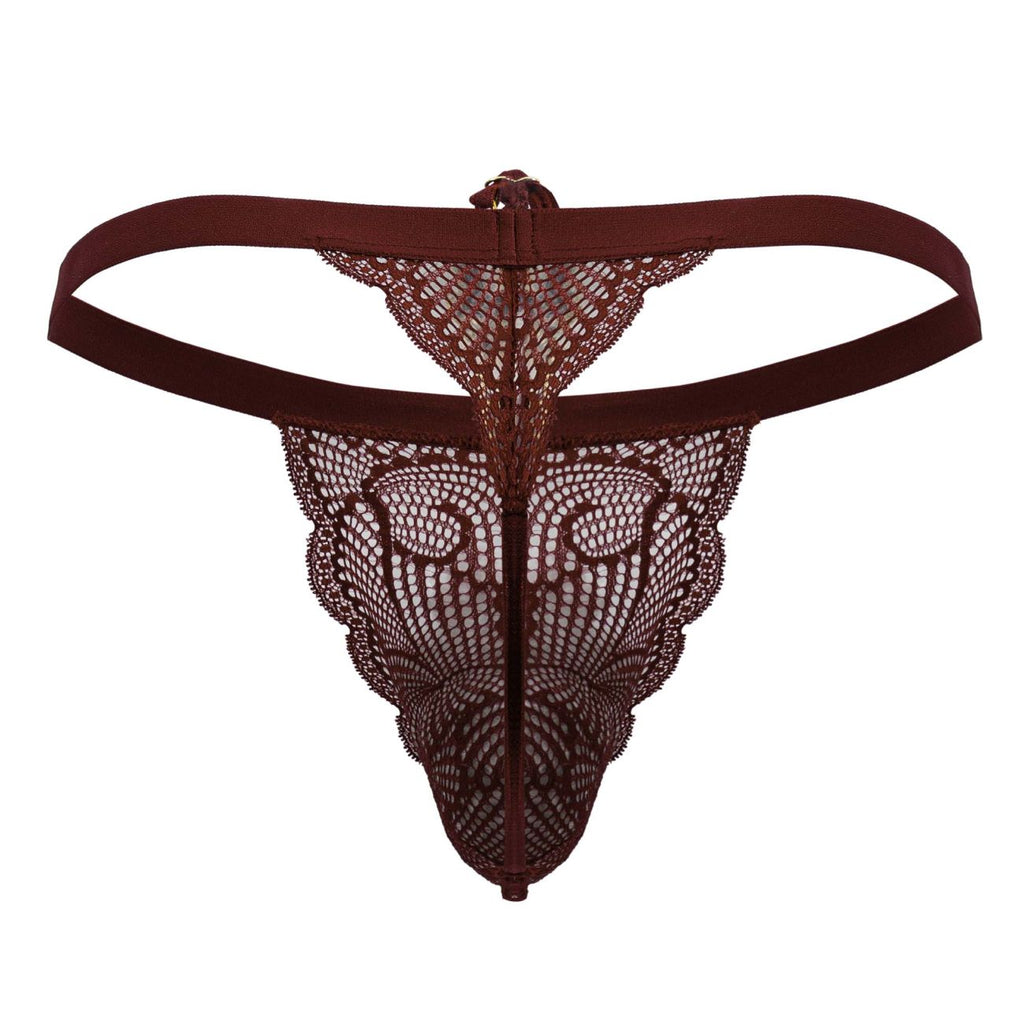 A candyMan 99915 burgundy lace thong with an intricate pattern and a solid fabric waistband