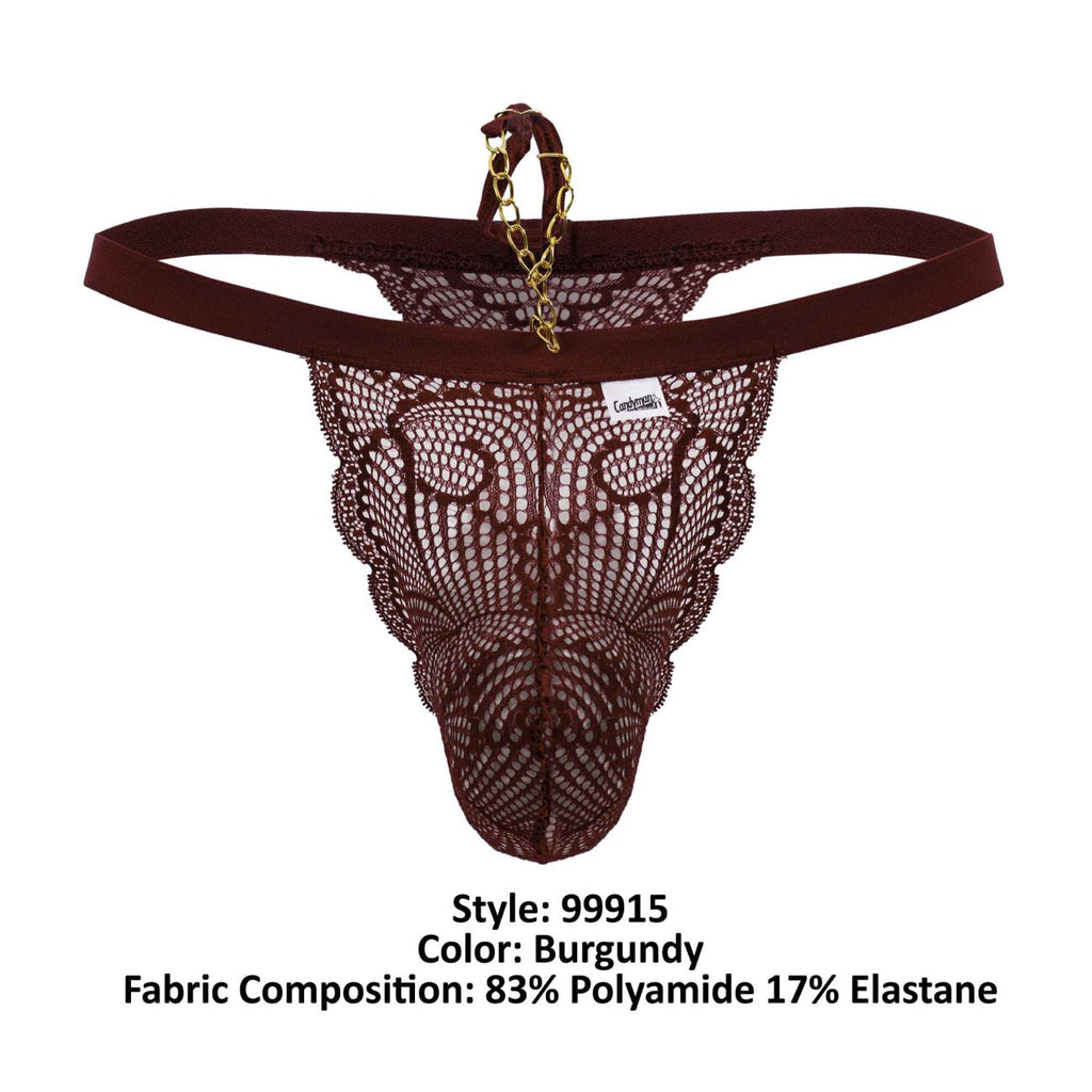 Back view of burgundy candyMan 99915 lace thong with gold chain detail made from delicate lace fabric