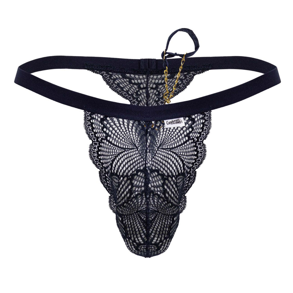 Black lace thong candyMan 99915 in navy with butterfly pattern and gold chain detail front view