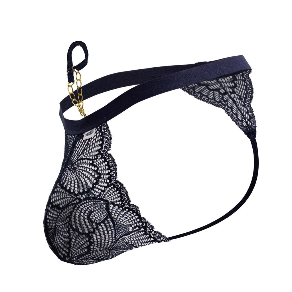 Black lace thong with gold chain accent and elastic waistband in navy from candyman 99915 product line