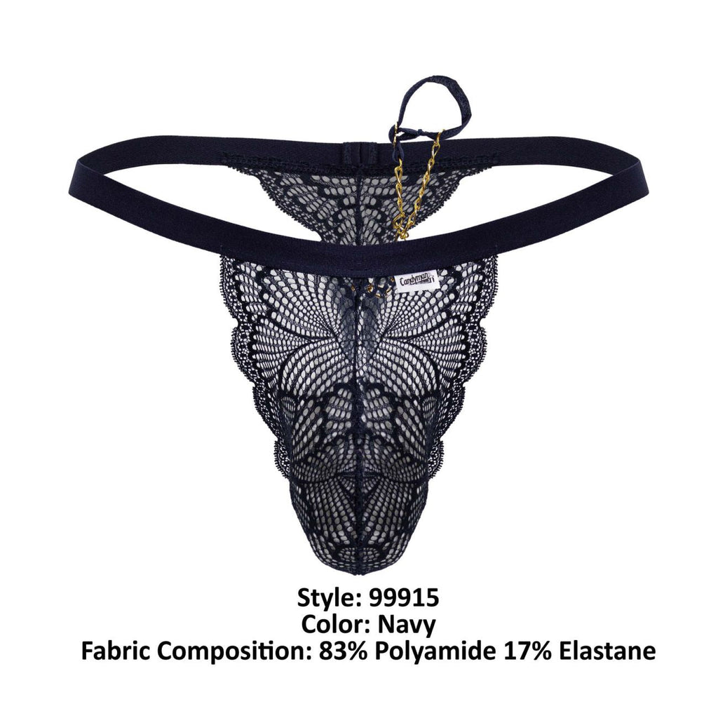 CandyMan 99915 navy lace thong with delicate butterfly pattern and gold chain accent shown from the back side