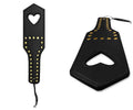 Black leather CandyMan 99966 spanker paddle with gold-tone studs and heart-shaped cutout