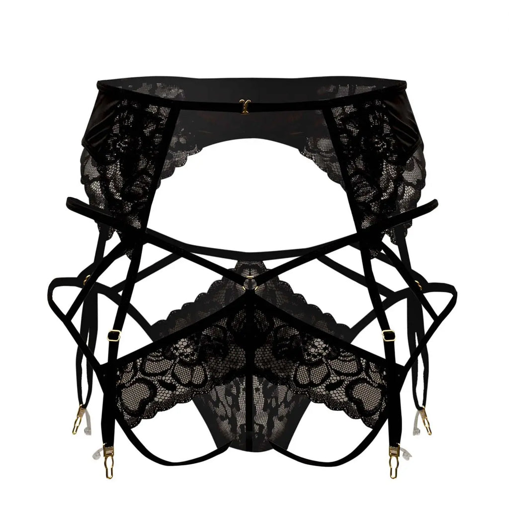 CandyMan 99550 Herrenunterwäsche Spitzen-Strapshalter-Jockstrap Outfit Farbe Schwarz