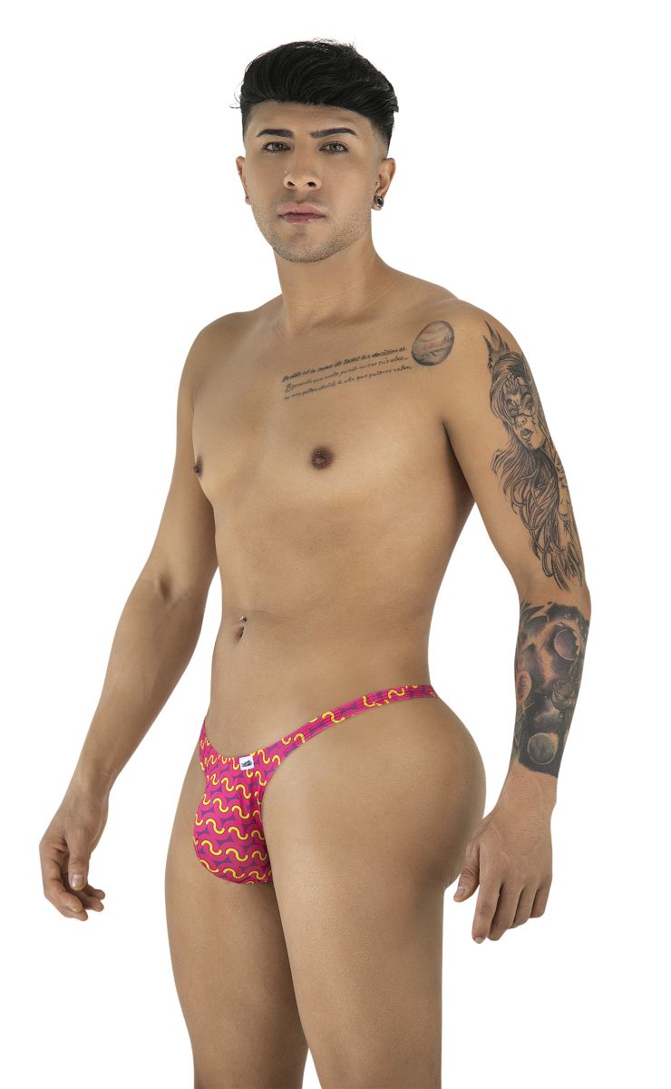 CandyMan 99924 thong in vibrant fuchsia with pink and orange wavy patterned snug fit design