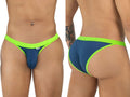 CandyMan navy bikini with neon green trim, shown from front and back views on a male model.