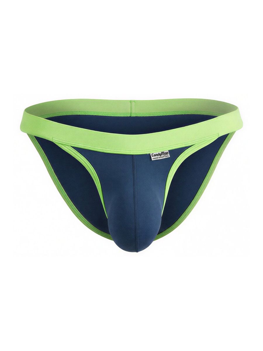 Navy CandyMan bikini briefs with bright green trim and waistband, isolated on a white background.