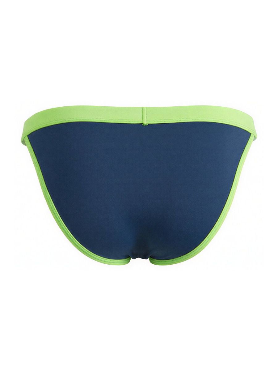 Navy blue CandyMan bikini briefs with bright lime green trim, shown from the back.