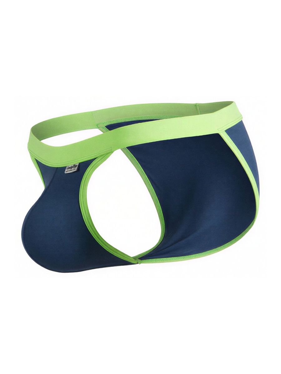 Navy blue CandyMan bikini featuring a bold lime green waistband and matching trim, shown in a studio product view.