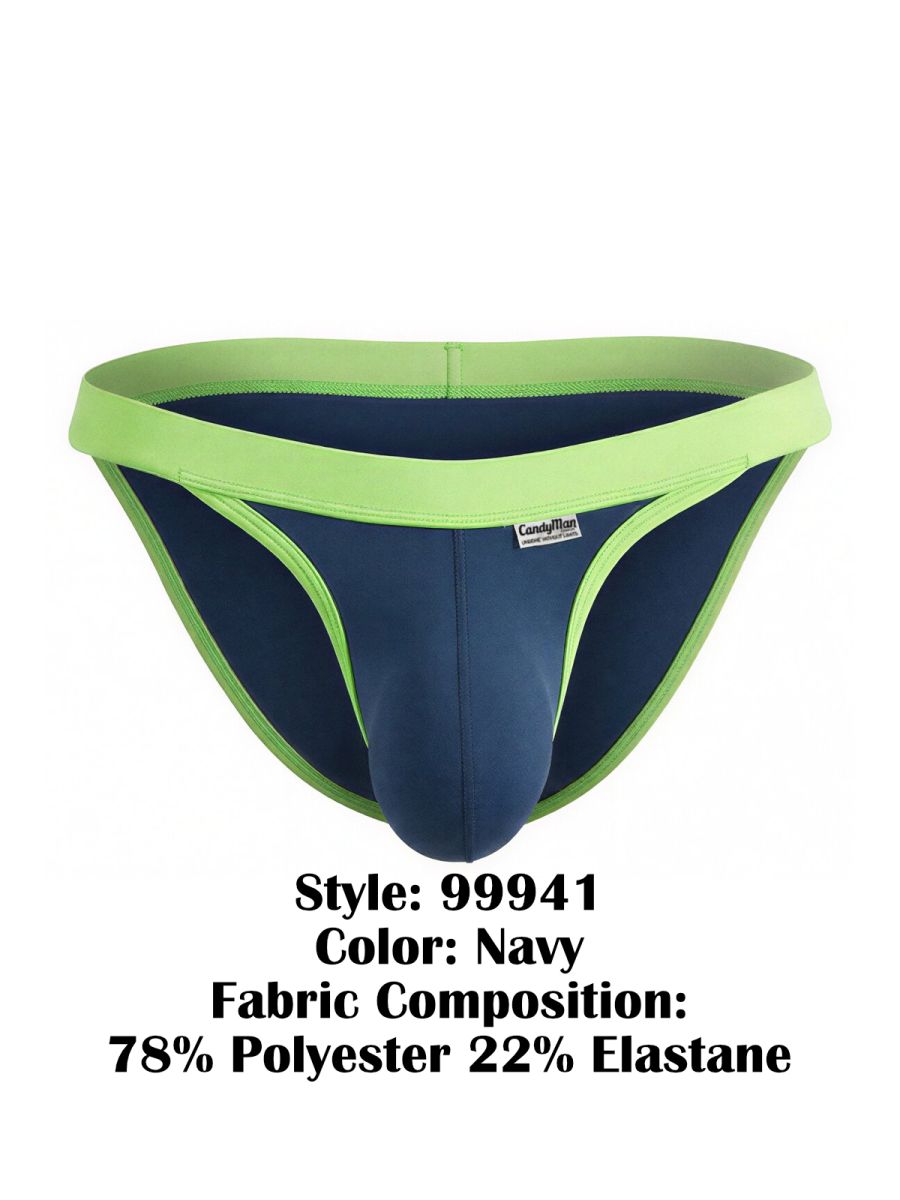 Navy blue CandyMan bikini briefs with bright lime green trim and waistband, front view on a white background.