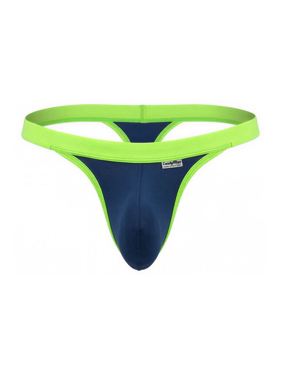 Navy blue thong with lime green trim and waistband, isolated against a white background.