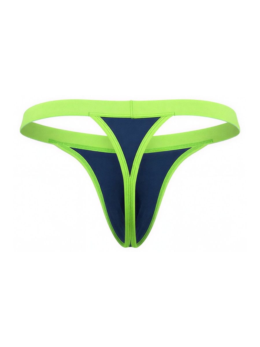Navy blue thong with bright neon green waistband and trim, isolated on a white background.