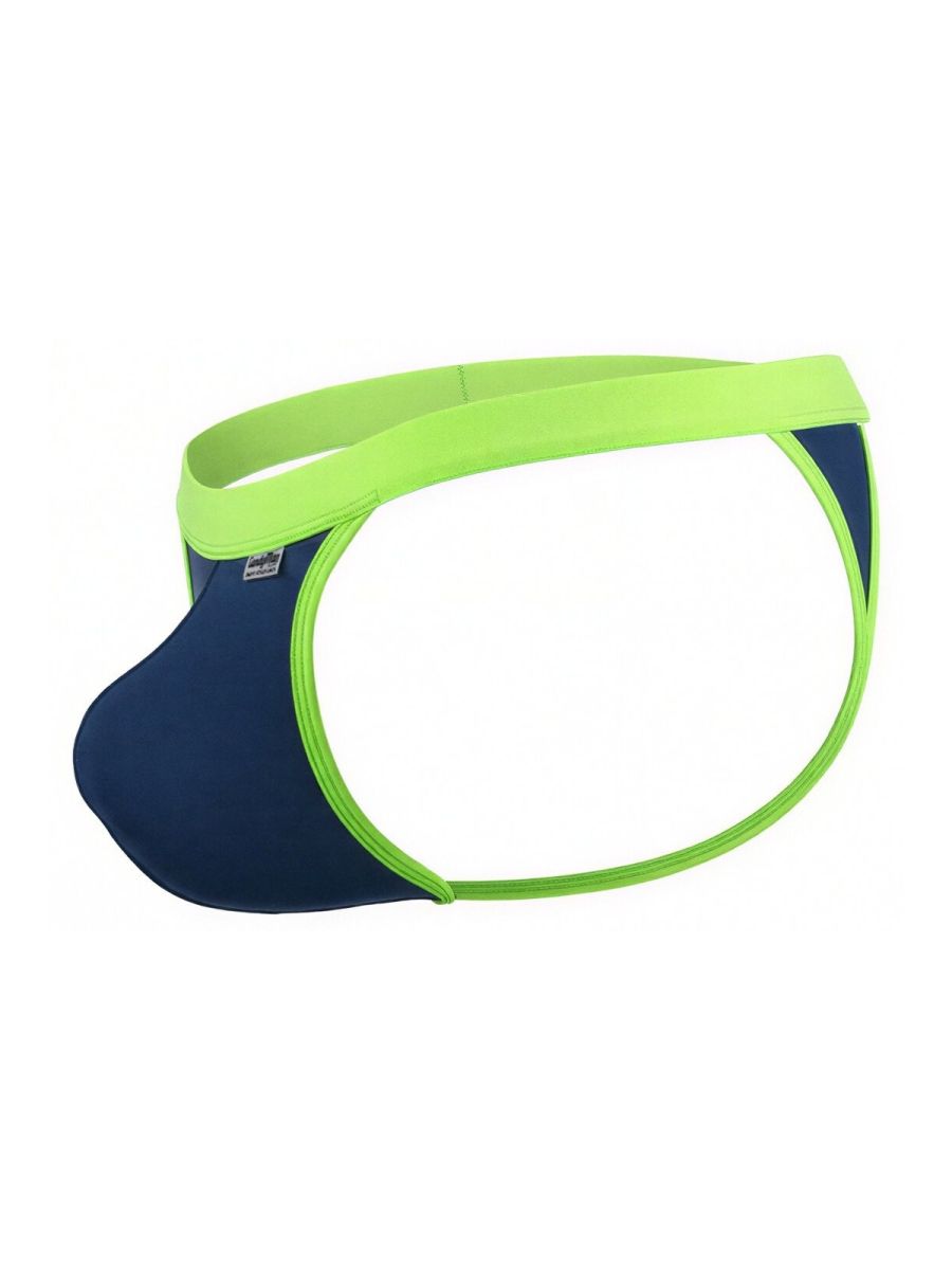 Navy blue CandyMan thong with neon green trim, featuring a contoured pouch and minimalist side-strap design.