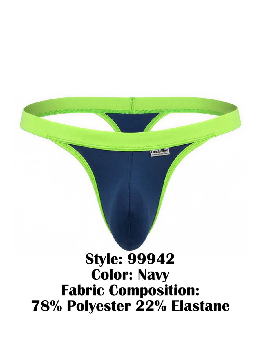 CandyMan navy blue thong with a bright lime green elastic waistband and trim, displayed against a white background.