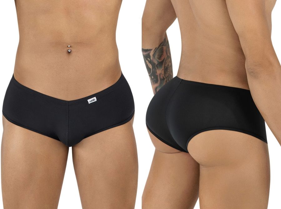 Front and back view of CandyMan 99943 black trunks on a fit model, showcasing the low-rise, fitted design.