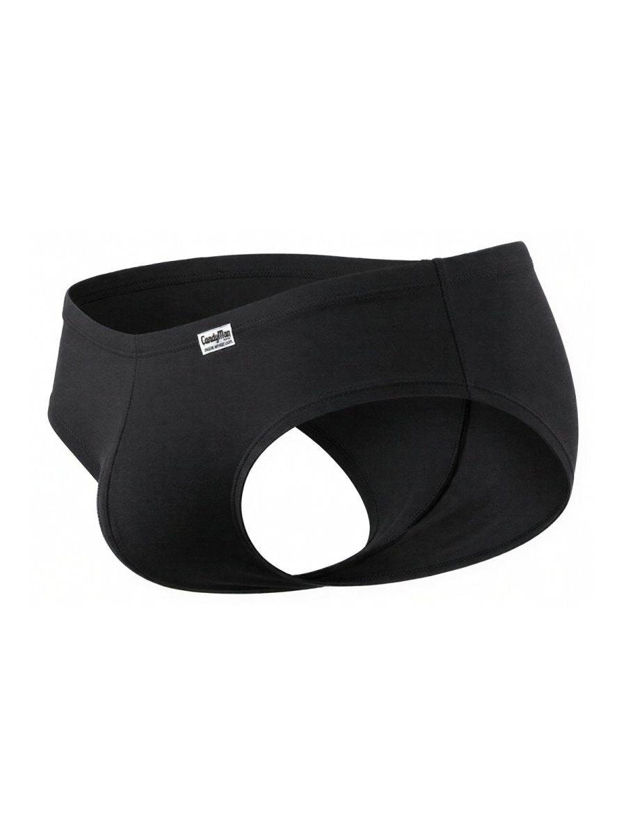Black CandyMan trunks with a distinctive open-side, cutout style and a small white brand label on the waistband.