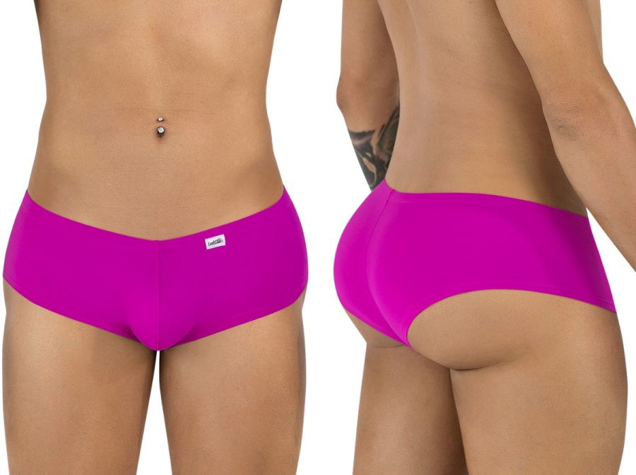 Magenta CandyMan trunks shown from front and back on a model.