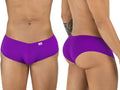 Front and back view of a person wearing orchid-colored CandyMan trunks with a brand tag on the front waistband.