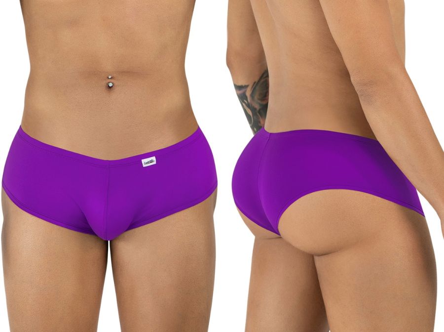Front and back view of a person wearing orchid-colored CandyMan trunks with a brand tag on the front waistband.
