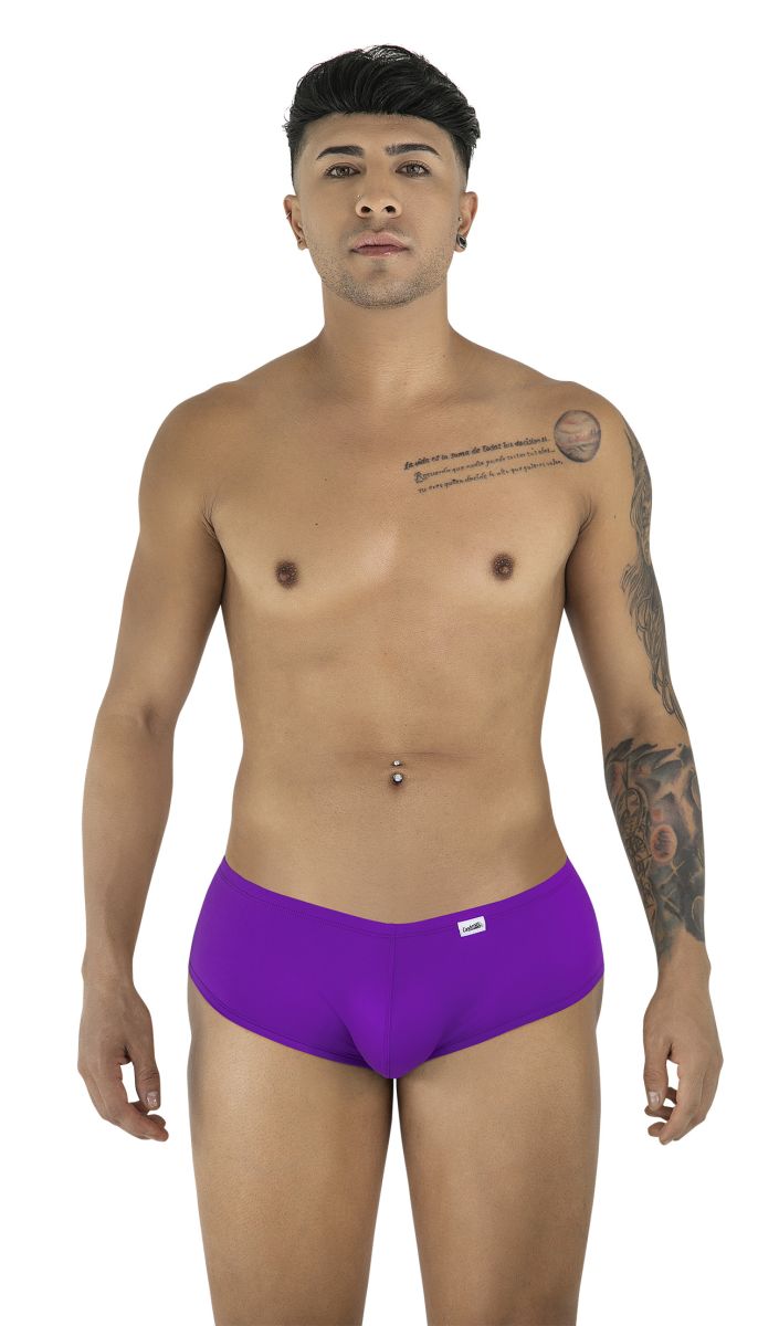 Man modeling Orchid-colored CandyMan 99943 trunks, standing facing forward against a white background.