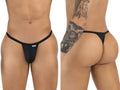 Front and back view of a man wearing black CandyMan thongs with thin side straps.