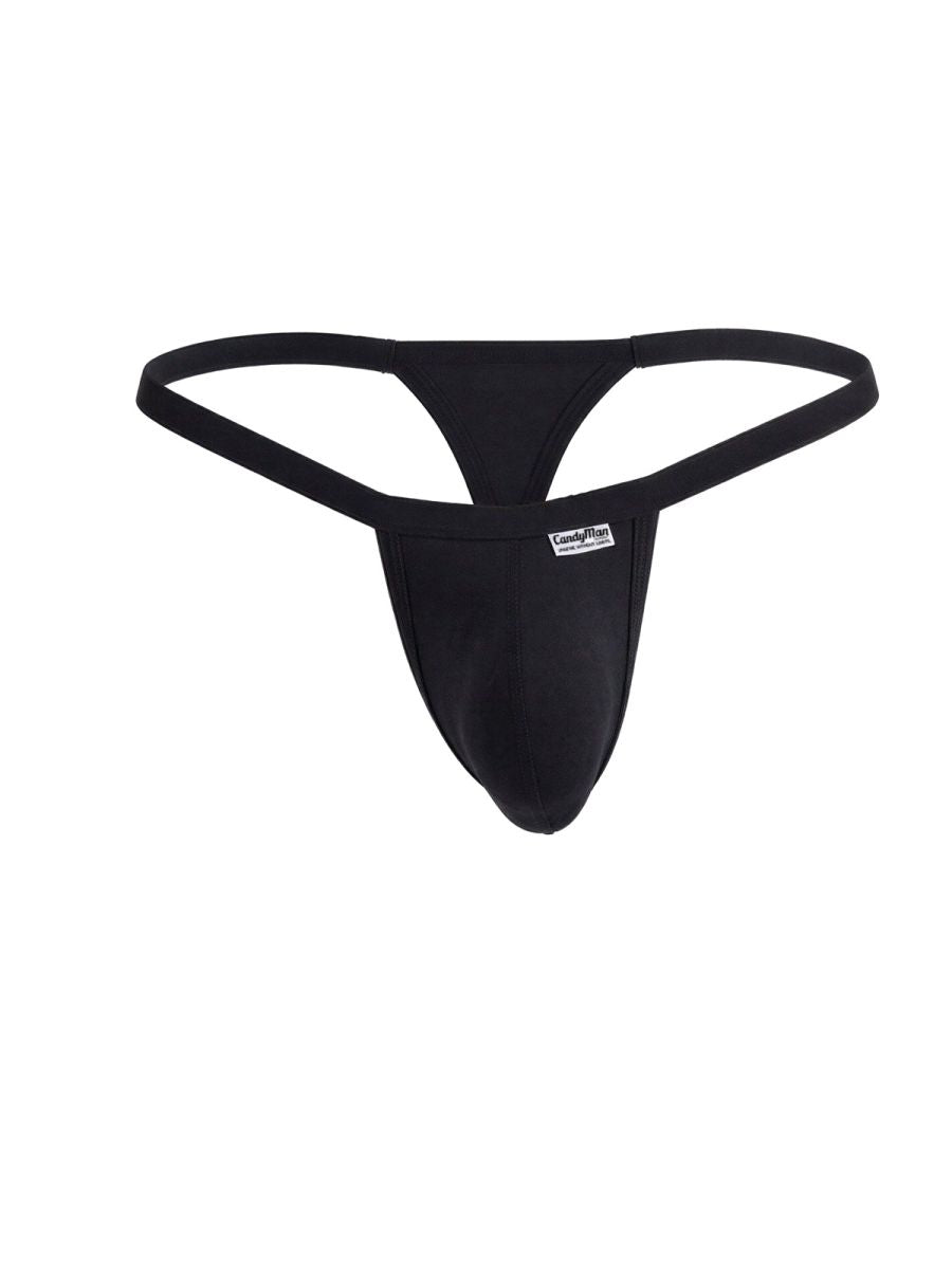 CandyMan black thong with a minimalist strap design and center pouch, featuring a small white logo tag on the hip.