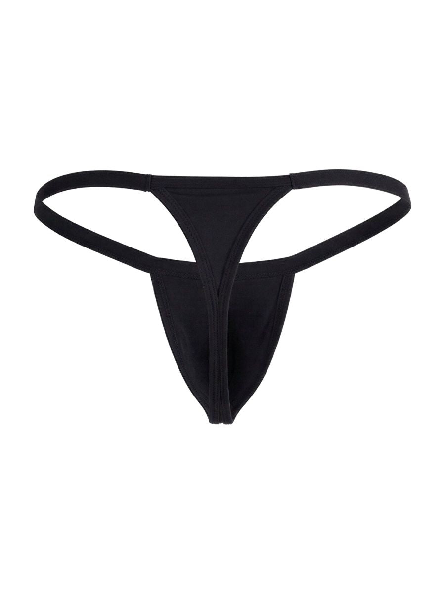Black CandyMan 99948 thong with thin side straps and a minimalist front pouch, isolated on a white background.