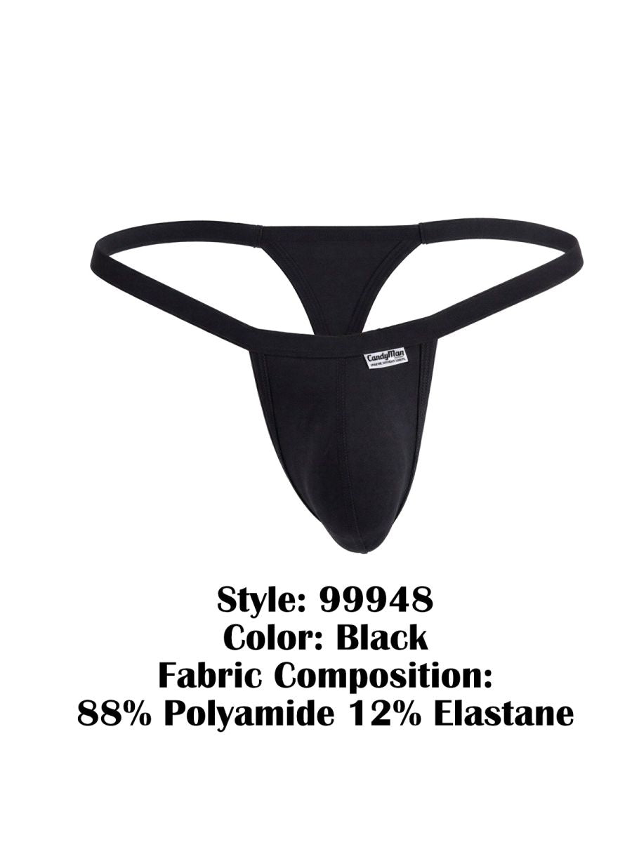 CandyMan 99948 black thong with a minimalist design and branded label, shown against a plain white background.