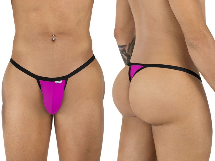 Magenta CandyMan thong with black trim, shown from front and back views on a model.