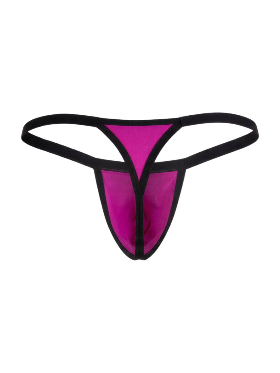 CandyMan magenta thong featuring a contoured front pouch with black trim and thin side straps on a white background.