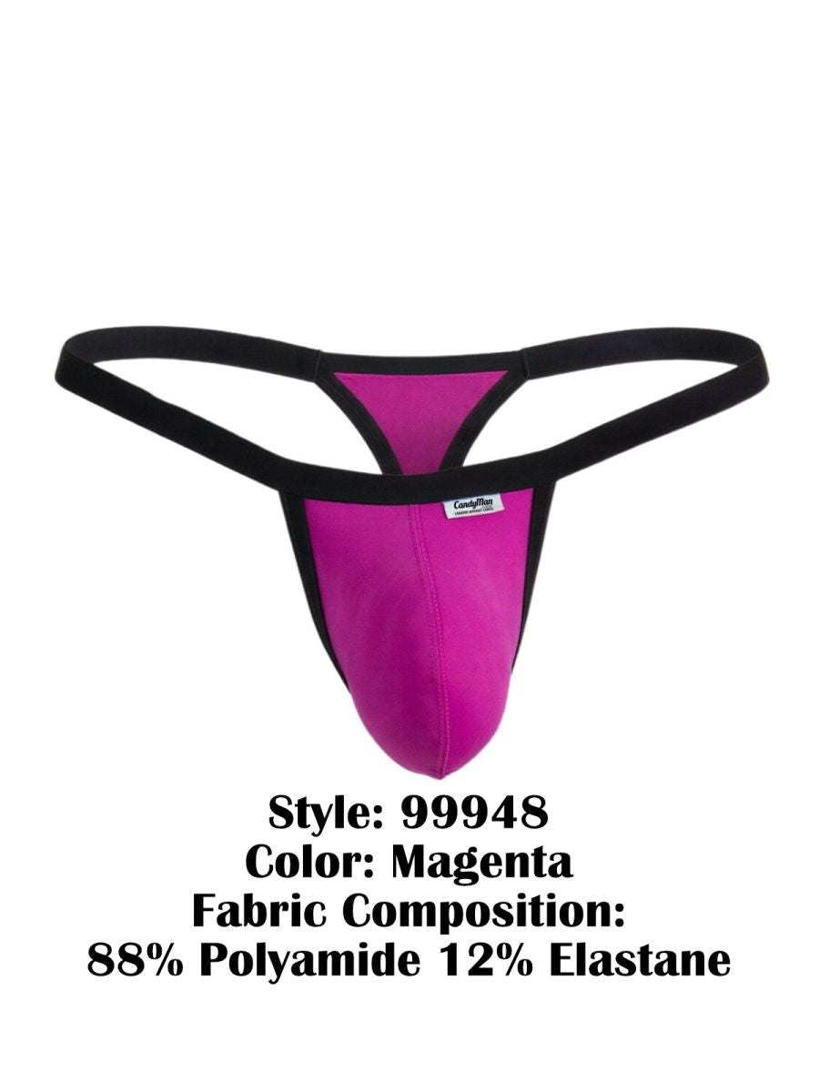 CandyMan 99948 magenta thong with black trim, featuring a contoured pouch and minimalist elastic waistband.