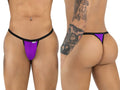 Front and back view of a man wearing orchid-colored CandyMan thongs with black trim.