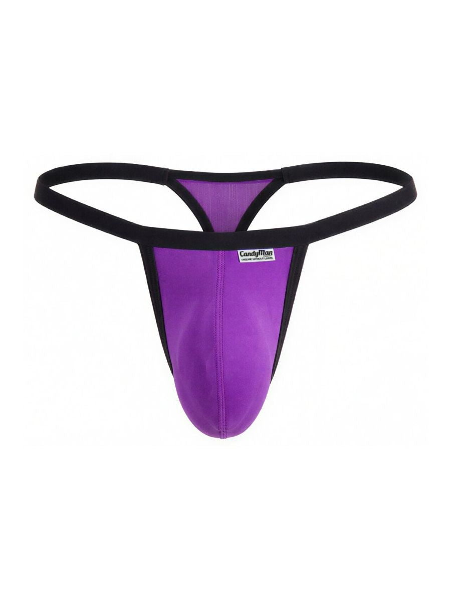 CandyMan orchid purple thong with black trim and pouch front, displayed against a plain white background.