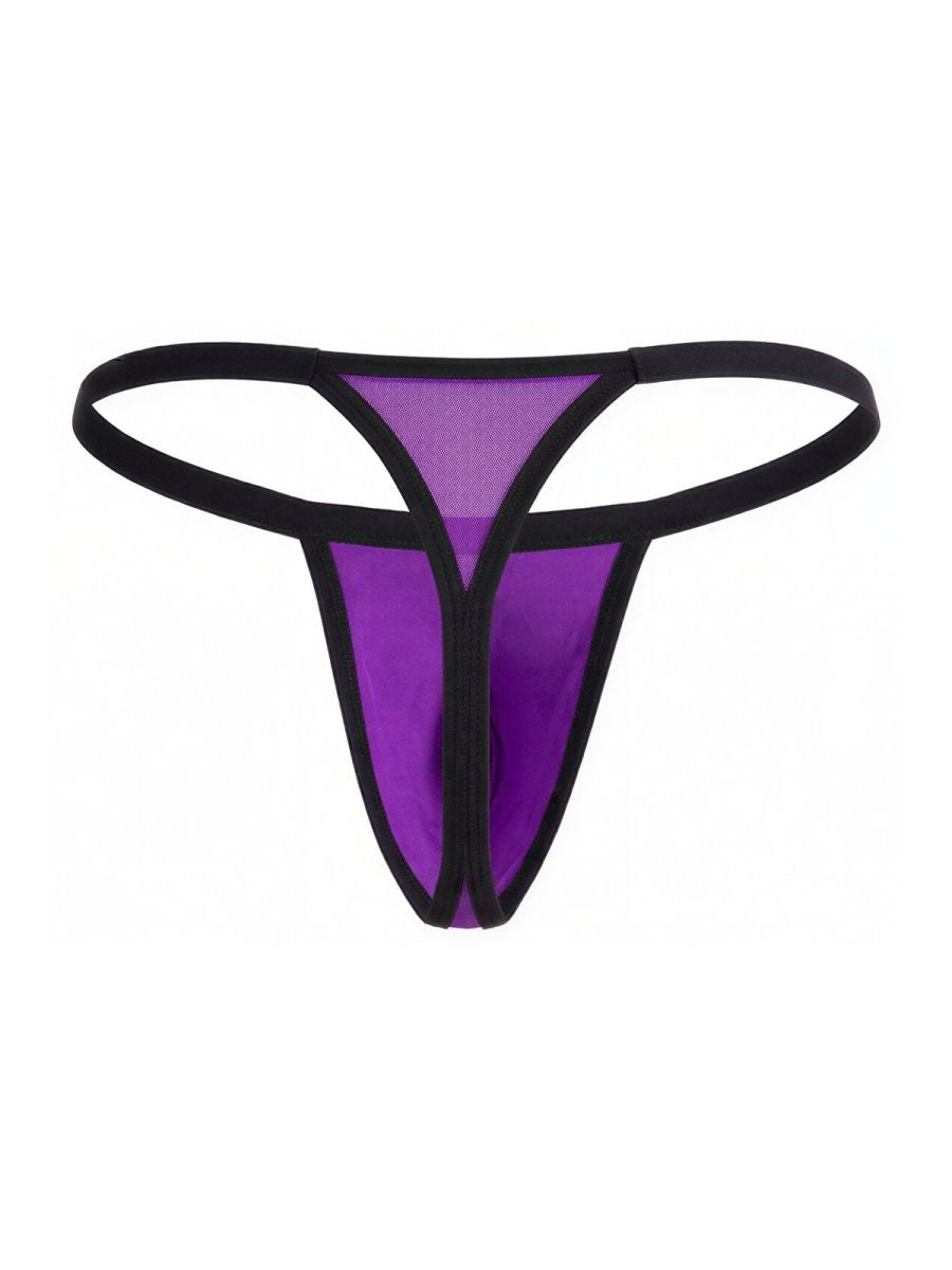 CandyMan orchid purple mesh thong with black trim, viewed from the back against a plain white background.