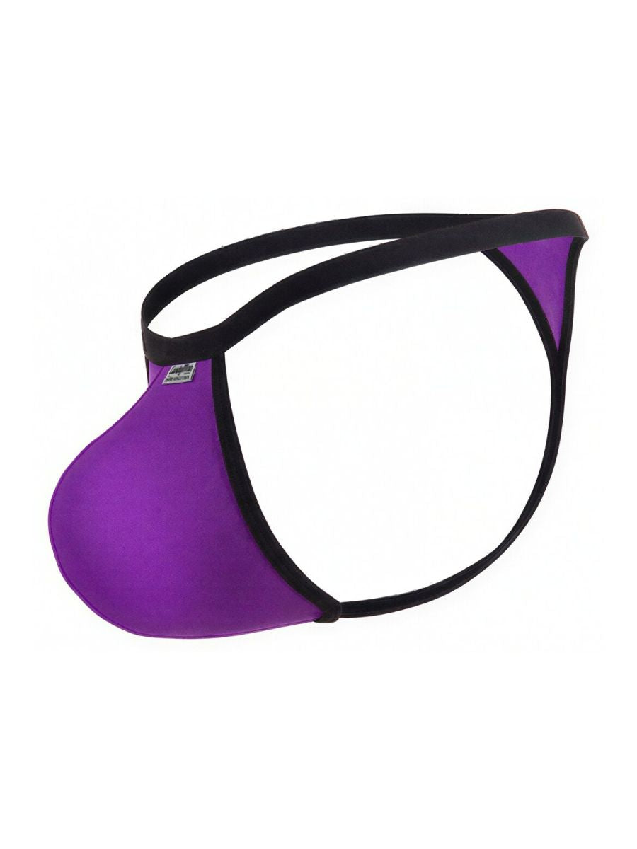 CandyMan orchid-colored thong with black trim, featuring a contoured front pouch and minimal string design.