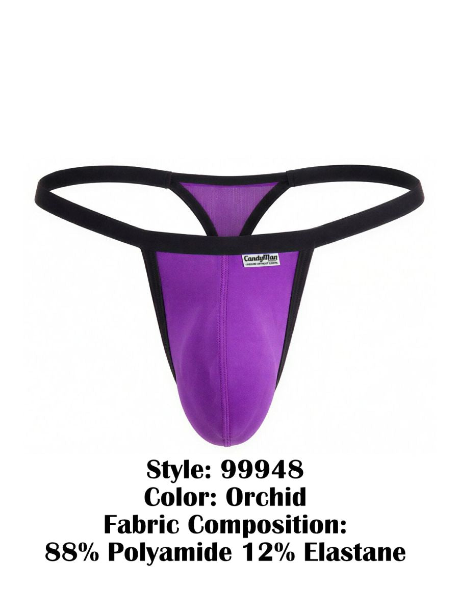 CandyMan 99948 orchid purple men’s thong with thin black trim, shown front-on against a white background.
