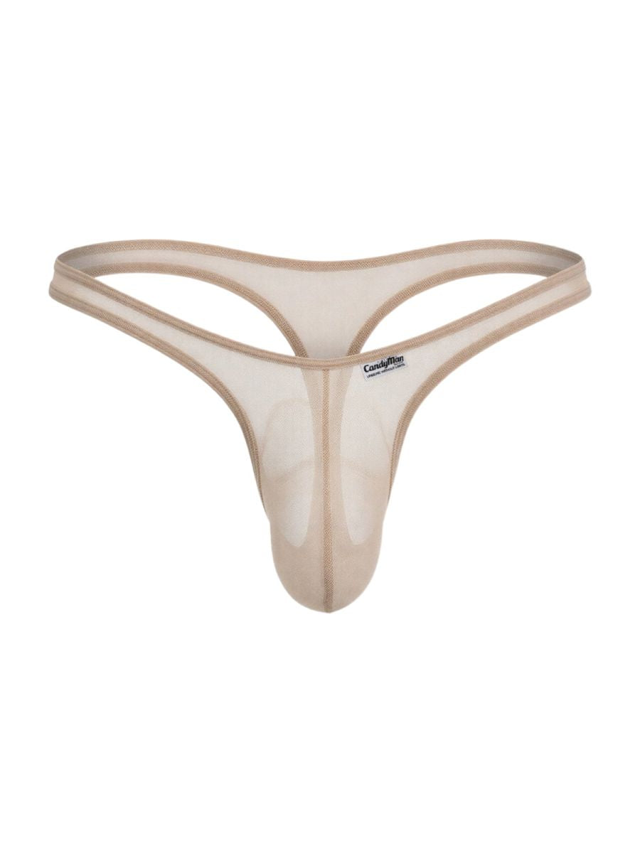 Beige CandyMan mesh thong with a contoured pouch and thin elastic waistband, isolated against a white background.
